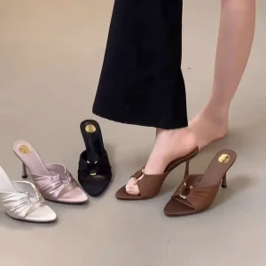 Women’s Spring Thin Heeled Shoes Pleated Metal Buckle Square Toe Breathable PU Sandals