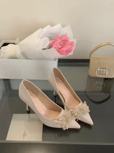 Women’s Spring and Autumn Wedding Bridal High Heels Pointed Crystal Water Diamond Anti slip High Fashion Pearl Shoes