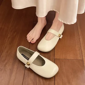 Women’s Spring and Summer Solid Retro Literary Style Flat Mary Jane Loafers Fashion Trend Doudou Slip-On Shoes