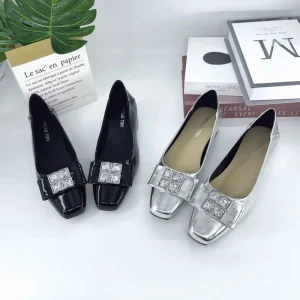 Women’s Square Heel Summer Dress Shoes Patent Leather Crystal Square Toe Slip On