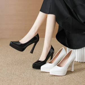 Womens Square Heel Waterproof Wedge Platform Pointed Toe Fashionable Black Patent Leather Night Club Work Formal Dress Shoes