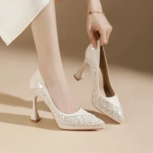 Womens Square Heel Waterproof Wedge Platform Pointed Toe Fashionable Mixed Colors Sequined Cloth Slip On 12cm Night Club Work
