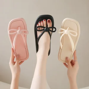 Women’s Square Toe Bow Toe post Flip flops Summer New Style Seaside Beach Non slip Trendy Thick soled Slipper