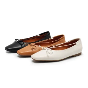 Women’s Square Toe Bowknot Ballet Flats Soft Leather Slip-On Casual Flat Shoes for Office Daily