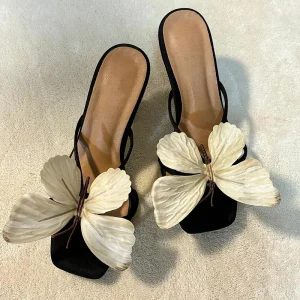 Women’s Square Toe Flared Heel Mule Sandals Thin Strappy Open 3D Decor Black Elegant Wedding & Party Dress Shoes