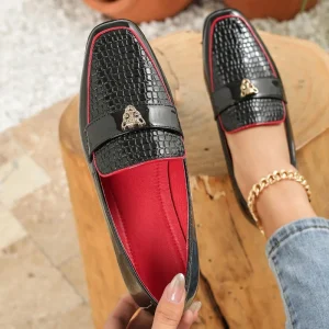 Women’s Square Toe Flat Tiger Head Metal Buckle Slip-On Loafers Comfortable High Vamp Black Stone Texture Patent Leather Shoes