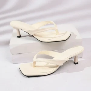 Women’s Square Toe Flip Flop Kitten Heel Sandals Faux Leather Slip On Mule Slides Minimalist Casual Summer Footwear