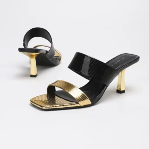 Women’s Square Toe Heeled Mules Gold Black Breathable Slip-On Fashion Trend Embossed Open High Heel Sandals for Club Party