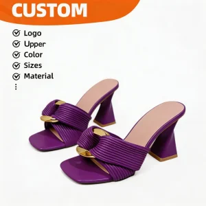 Women’s Square Toe High Heel Mules Pleated Strap Slip on Sandals with Gold Buckle Open Toe Gold Metal Buckle Slip on Sandals