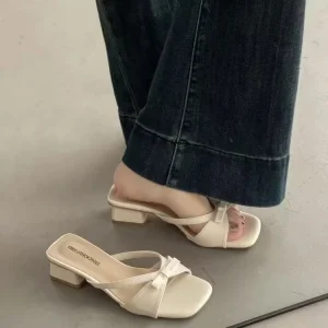 Women’s Square Toe Low Block Heel Mule Sandals Bow Decor Elegant Casual Dressy Summer Heeled