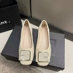 Women’s Square Toe Metal Buckle PU Upper Rubber Outsole Flat Shoes Comfortable Casual Loafers for Daily Wear
