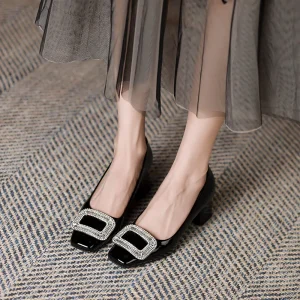 Women’s Square Toe Mid Heel Slip-On Comfort Barefoot Mary Jane Shoes with Rhinestone Buckle 5cm Heel