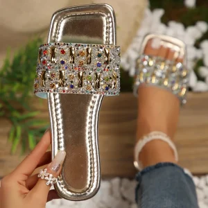 Women’s Square Toe Rhinestone Slide Sandals Colorful Gem Embellished Metallic Platform Fashion Trend All Seasons