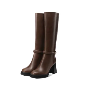 Women’s Square Toe Zip Buckle Cowhide High Top Knee High Platform Chunky Heels 9cm Long Boot