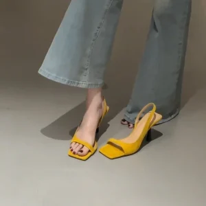 Women’s Square-toe Single-Buckle Strap Open-Toe Stilettos Sandals French-Style Cutout Back Heeled Shoes 6-8cm Heel