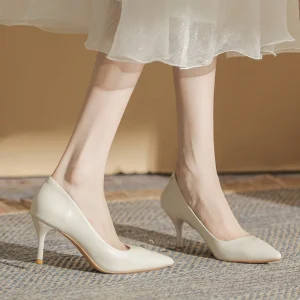 Women’s Stiletto Heel Pointed Toe Business Wedding Party Evening PU Solid Colored Black Beige