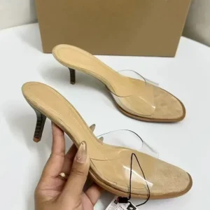 Women’s Stiletto Heeled Mules Open Back Strap Slip On with Lucite Heel Sandals