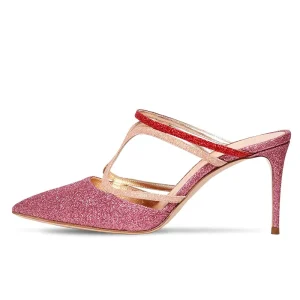 Women’s Stiletto High Heel Pointed Toe Mules Glitter PU Rubber Outsole Party Slipper Dress Dating Clogs