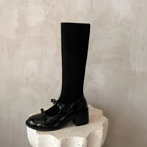 Women’s Stretch Velvet Mary Jane Western Style Boots 5.5cm Block Heel Knee High Patent Leather Bow Fashion Trend
