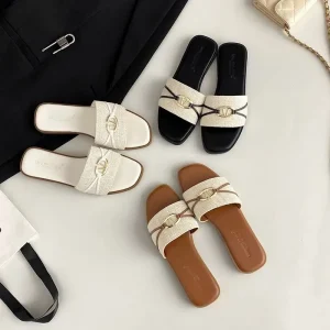 Women’s Style Korean Version Flat Slip-On Open Non-Slip Resistant Versatile Indoor Outdoor Sandals Femme Sandalias De Mujer