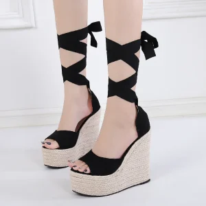 Women’s Suede Lace up Wedge Sandals Summer Espadrille Platform High Heel Shoes