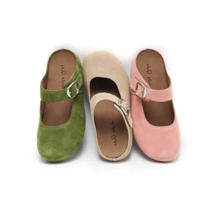 Women’s Suede Mary Jane Mule Clogs Adjustable Buckle Slip-On Flat Shoes