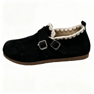 Women’s Suede Mules Wide Toe Box Thin Flat Sole Casual Shoes with Buckle Knit Trim