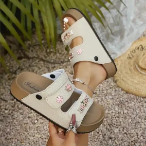 Women’s Suede Sandals Summer Breathable Flat Soft Sole Wide Strap Buckle Open Toe Fashionable Outdoor Sandals
