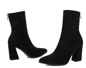 Women’s Suede Short Boots High Heels Thick Heel Pointed Ankle Bootie