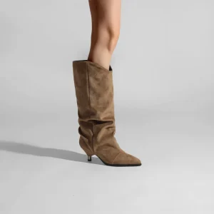 Women’s Suede Slouch Knee High Boots Pointed Toe Kitten Heel Western Style Boots for Fall Winter