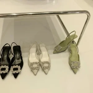 Women’s Summer Autumn Fashion Trend Ankle Strap High Heel Sandals with Rhinestone Pointed Toe New Style Office Shoes