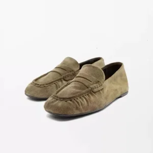 Women’s Summer Autumn Flat Light Weight Breathable Vintage Style Khaki Green Soft Layered Suede Leather Slip-On Loafers