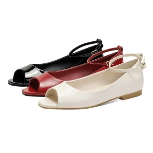 Women’s Summer Ballet Flats Peep Toe and Ankle Strap Breathable and Anti-Slip PU Leather Shoes in Black Red Cream