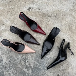Women’s Summer Baotou Slingback Sandals Pointed Toe Stiletto Heels Slip on Patent Leather Heightening Solid Color Rubber Outsole