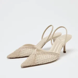 Women’s Summer Beige Sandals Mesh Pointed Toe Heels Back Strap Party Office Casual Dress Elegant Comfortable Pumps