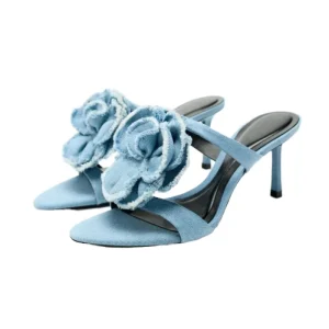 Women’s Summer Blue Denim Fabric Flower Decoration Wedge Ankle Strap Lightweight Breathable Party Wear