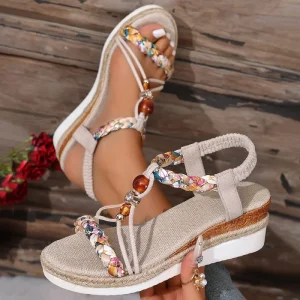 Women’s Summer Bohemian Beaded Braided Wedge Sandals Fabric Upper PU Sole Peep Toe Espadrille Platform Comfort