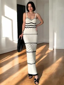 Women’s Summer Bohemian Hollow-out Illusion Spaghetti Strap Woolen A-Line Sling Dress Slim-fit Thick Long Split Fishtail