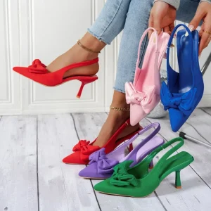 Women’s Summer Bow 6.5cm Thin Heel Lightweight PVC Patent PU Upper Bridal Shoes Slip On Dress Shoes Elegant