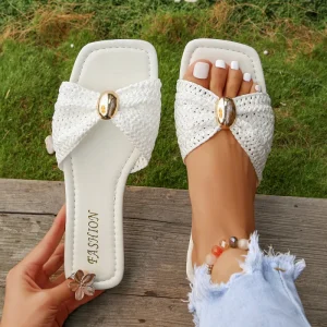 Women’s Summer Bow Knot Flat Sole Slip On European American Style Plus Size Outdoor Wear Slipper Sandals