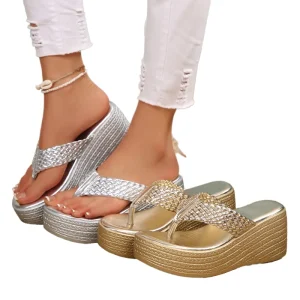 Women’s Summer Breathable Anti-Slippery PU Open Toe Slip-On Wedge Platform Sandals Shiny Metallic for Beach Vacation