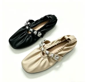 Women’s Summer Breathable Lightweight Pleated Foldable Ballet Flat Shoes Rhinestone Strap Square Toe Mary Jane Slip-On Casual