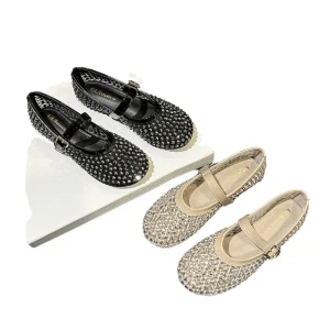 Women’s Summer Breathable Mesh Ballet Sandals High One-Strap Shallow Mouth Single Flats Rhinestones Plus Size Solid Mary Jane