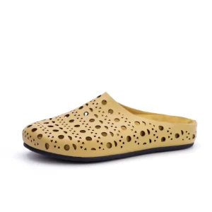 Women’s Summer Closed Toe Mule Shoes Comfort Hollow Breathable Round Toe Oxford Soft Sole Yellow Sheepskin Leather Slides Clogs