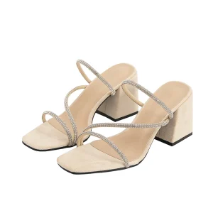 Women’s Summer Diamond Thick Heel Square Head Middle Heel Shoes Open Toe Sandals Slippers for Outerwear