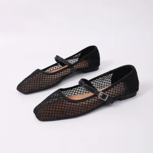 Women’s Summer Elegant White Lace-On Flats Breathable Mesh Material Gold Square Buckle Anti-Slip Quick Dry Lightweight Evergreen