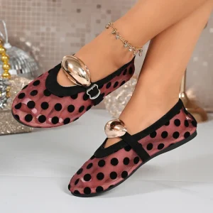 Women’s Summer Fashion Breathable Mesh Ballet Flats Round Toe Polka Dot Ladies Fishnet Casual Shoes