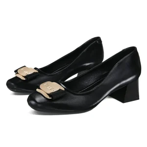 Women’s Summer Fashion Casual Shoes Black Design with Flat Square Heel Breathable Slip On Shoe