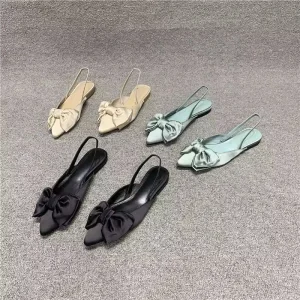 Women’s Summer Fashion Satin Mules Sandals New Style Pointed Toe Beauty Flat Shoes Bow Leather Lining Outdoor Fashion Trend