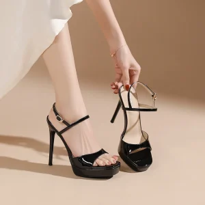Women’s Summer Fashion Suede Open Toe Buckle Closure Ultra High Stiletto Heels Platform Heeled Sandals Wedding Shoes